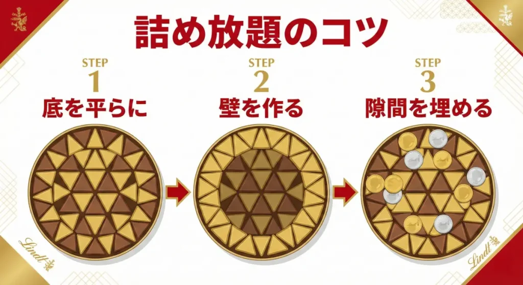 リンドール詰め放題で限界まで詰めるコツ(底を平らにする、壁を作る、隙間を埋める)を、三角形のチョコを使って真上からの視点で解説した図解