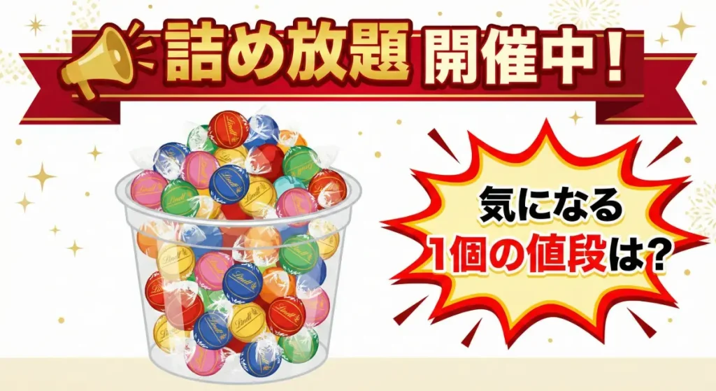 リンツ直営店で開催中の詰め放題イベントと、1個あたりの値段への疑問を表現したイラスト