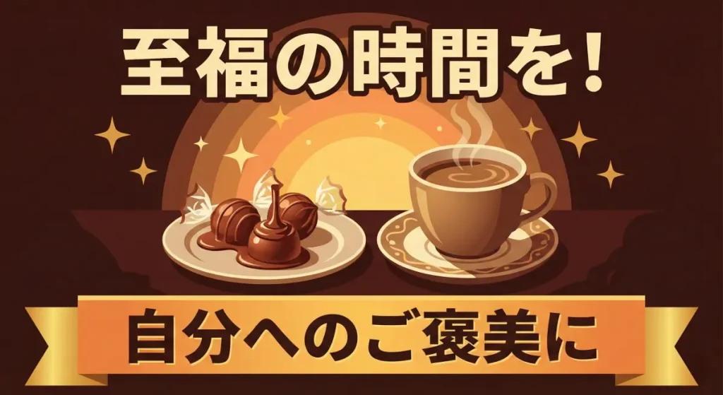 温かいコーヒーとリンドールチョコレートで、自分へのご褒美の時間を楽しむイメージイラスト