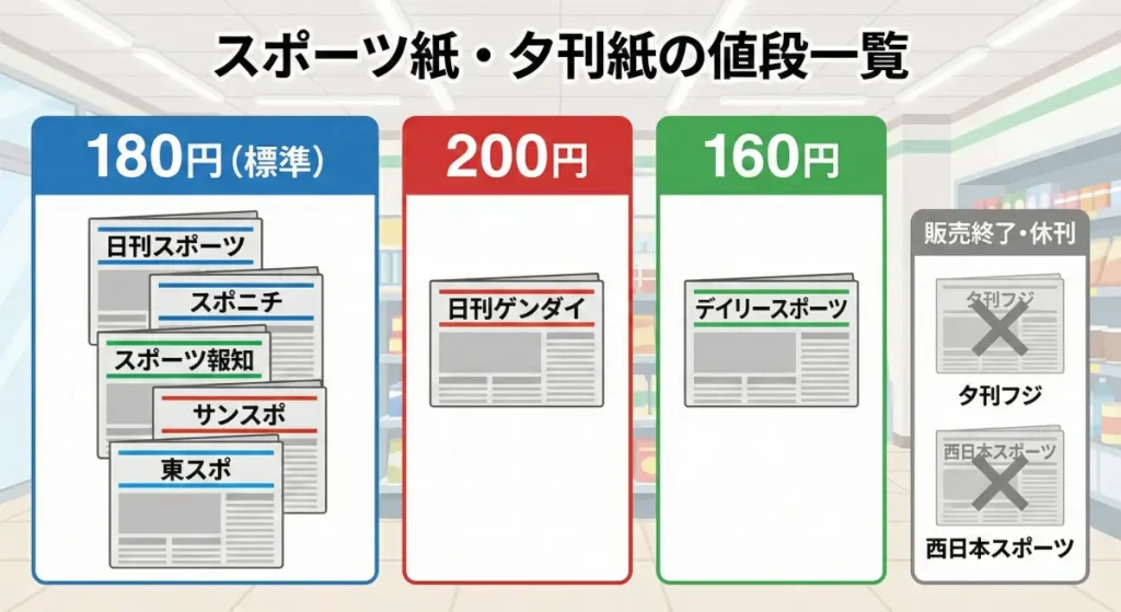 スポーツ紙と夕刊紙の値段一覧(180円、200円、160円)と休刊紙の図解