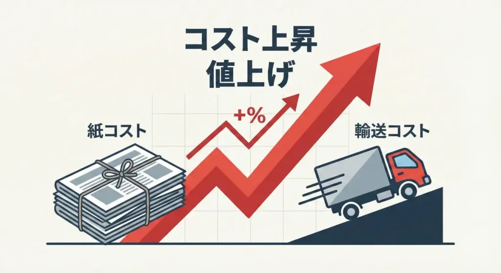 新聞紙の束と上昇する矢印のグラフ、配達トラックを組み合わせたコスト上昇の図解