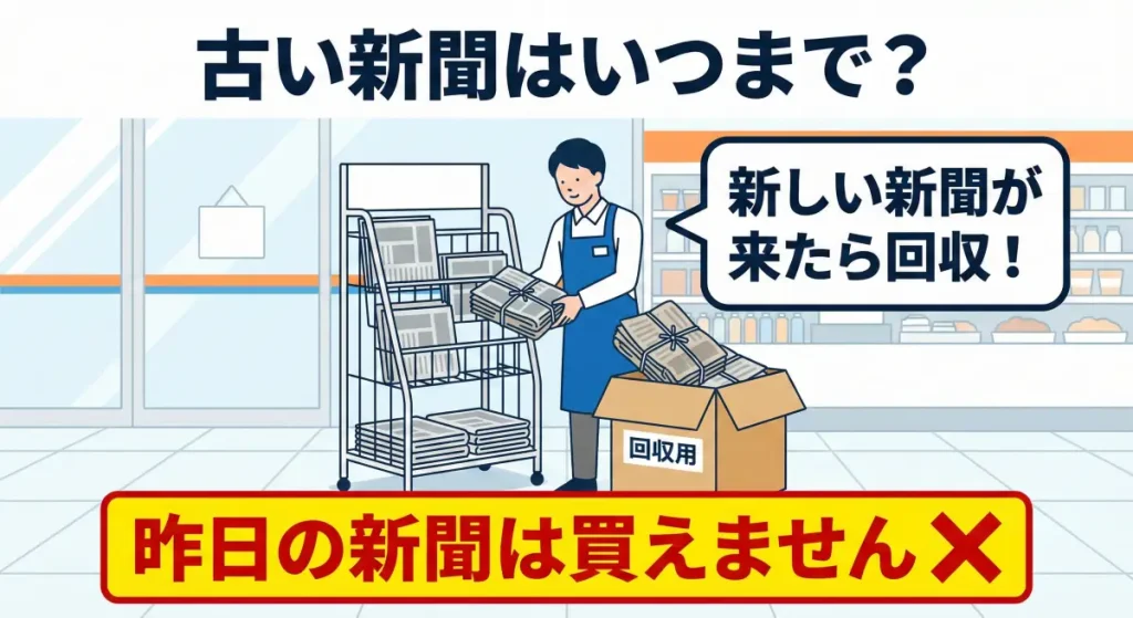 店員が古い新聞を回収しているイラストと、昨日の新聞は買えないことを示す図解