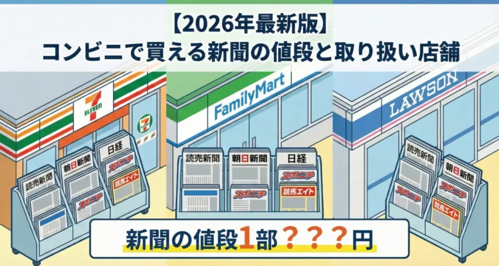 セブンイレブン、ファミリーマート、ローソンの店舗と新聞ラックのイラスト