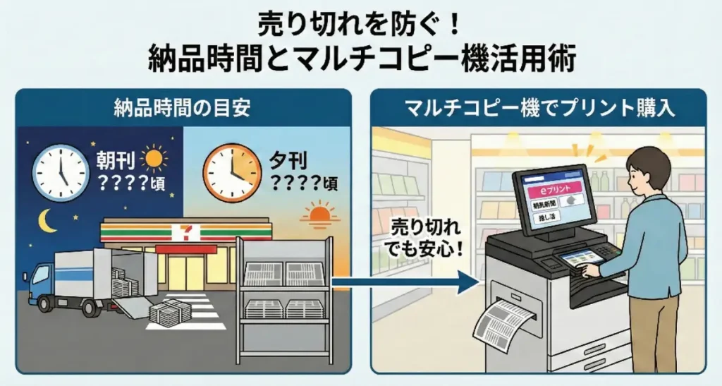 朝刊と夕刊の納品時間の目安と、売り切れ時にマルチコピー機を操作してプリントする人の対比図解