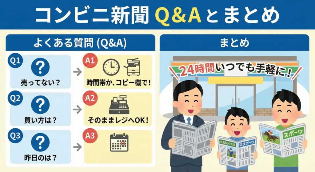 コンビニ新聞のよくある質問(売ってない理由、買い方、過去の新聞)のまとめ図解